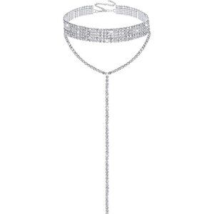 Silver rhinestone choker necklace 5 rows crystal design for women